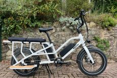 This image shows the Mycle Cargo Electric bike in full with a stone wall and greenery in the background