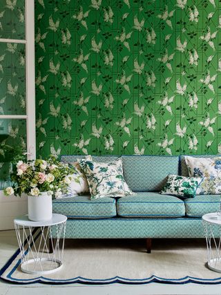 Living room with Cole & Son's Wisteria Botanica wallpaper