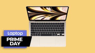 Prime Day MacBook deals 2023 MacBook Air in gold colorway against a yellow background