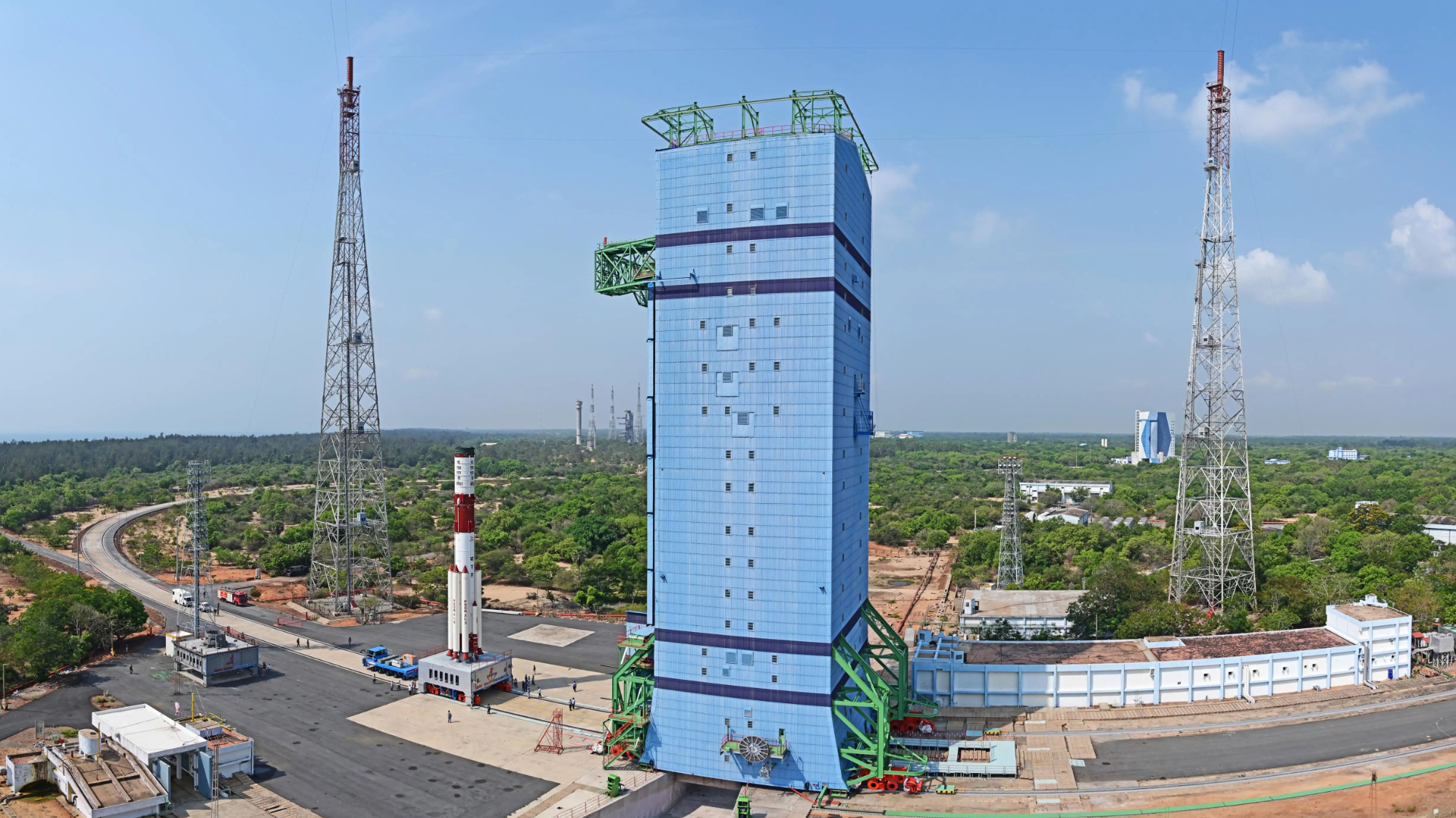 The PSLV rocket that will launch India's EOS-09 Earth-observation satellite rolls to the Mobile Service Tower at Satash Dhawan Space Centre.