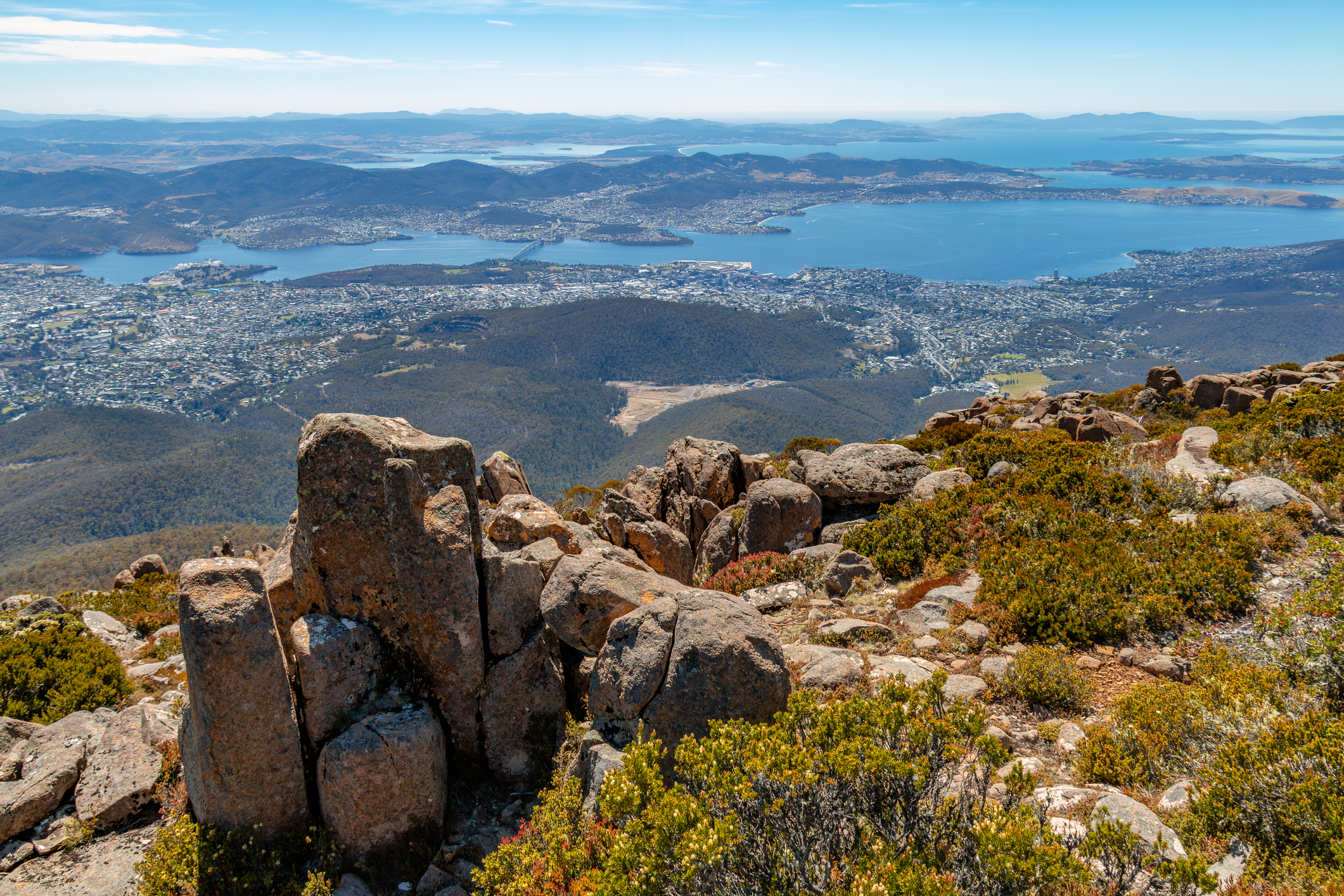 Mount Wellington Kunanyi boulders overlooking city of Hobart