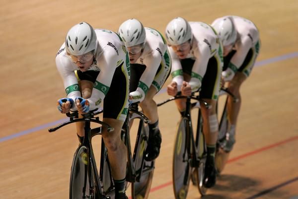 The Australian team on its way to gold in the men's team pursuit.