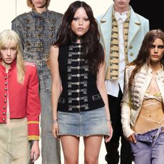 a collage of women's military jackets, including a Hussar soldier, Jenna Ortega, model for Balmain Spring 2009, and models for Ann Demeulemeester, Dior Men's, Vaquera, and McQueen Spring 2026