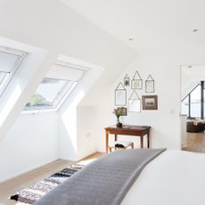 Attic bedroom with skylights in roof and small gallery wall area