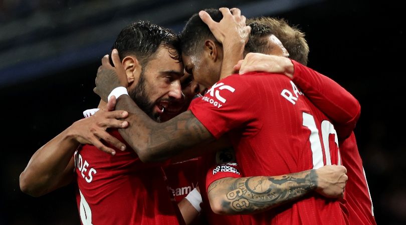 Bruno Fernandes and Marcus Rashford celebrate a Manchester United goal against Everton at Goodison Park in 2022.