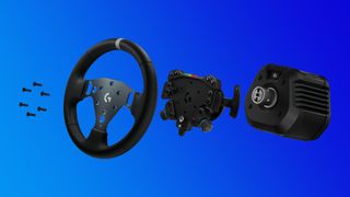An exploded view of the Logitech G RS50 direct drive racing wheel setup