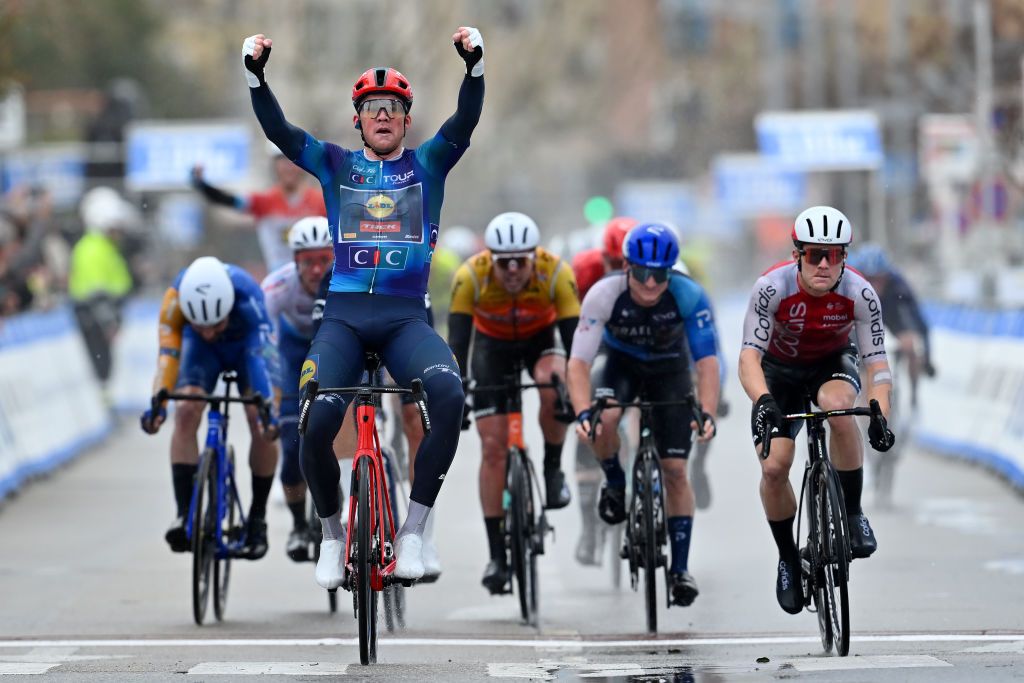 MARTIGUES FRANCE FEBRUARY 09 LR Mads Pedersen of Denmark and Team Lidl Trek celebrates at finish line as stage winner ahead of Axel Zingle of France and Team Cofidis during the 8th Tour de la Provence 2024 Stage 1 a 1572km stage from AixenProvence to Martigues on February 09 2024 in Martigues France Photo by Billy CeustersGetty Images