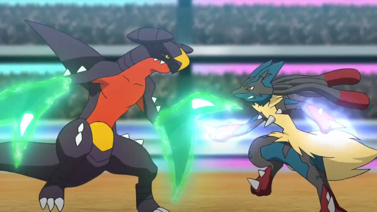 Garchomp and Mega Lucario battling in the Pokemon anime.