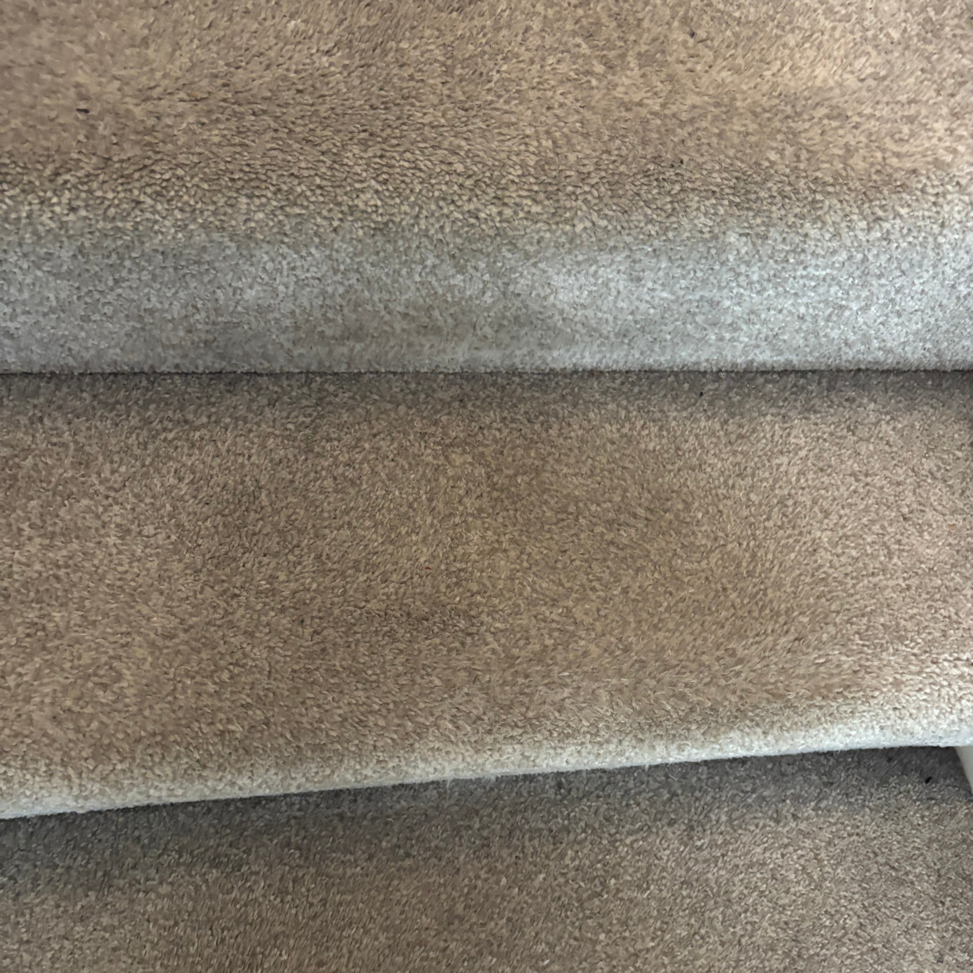 close up of carpeted grey stairs after using Rug Doctor Deep Upright Carpet Cleaner review