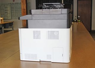 This Samsung ProXpress wireless laser printer measures 18.5 x 17.8 x 19.9 inches.