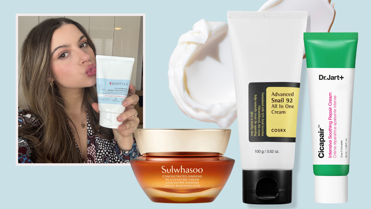 k beauty moisturizer bottles on a blue background next to a photo of a white woman with long brown hair