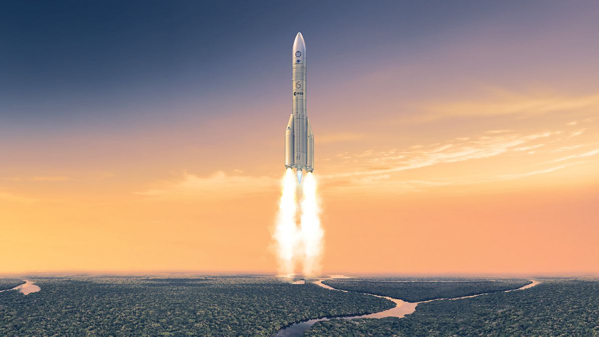 illustration of a rocket launching into a sunset sky with a tropical landscape in the background