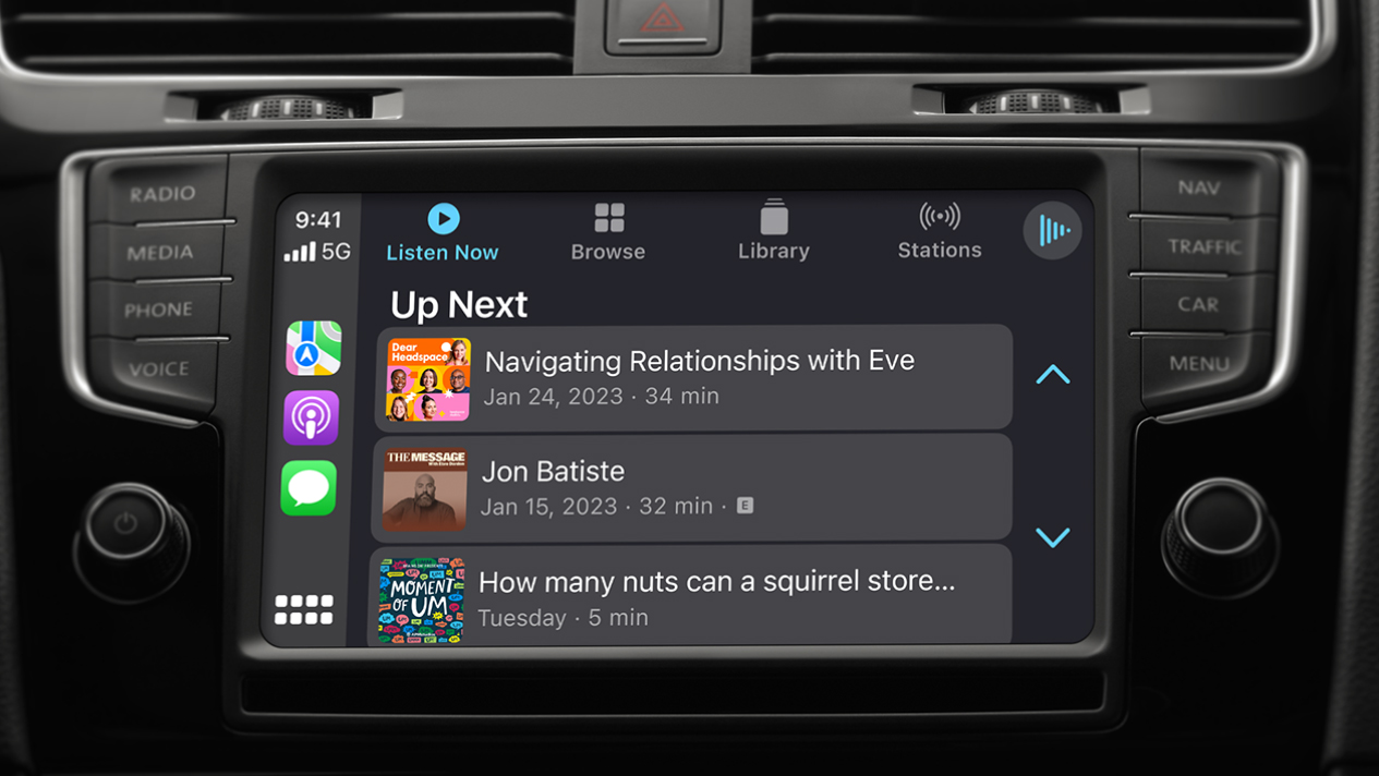 An in-car screen displaying podcasts on Apple CarPlay