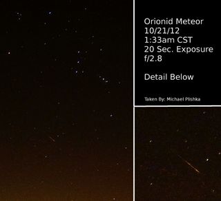 Skywatcher Michael Plishka captured this image of an Orionid meteor shower from Lake Villa, Illinois, during the 2012 Orionid meteor shower peak on Oct. 21, 2012.