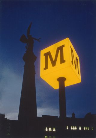 Metro sign at Monument Metro Station, early 1980s