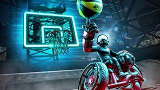 A header crop of the Drag X Drive key art, showing a heavily padded character in a wheelchair spinning a basketball on their finger with a neon-lit basket in the background