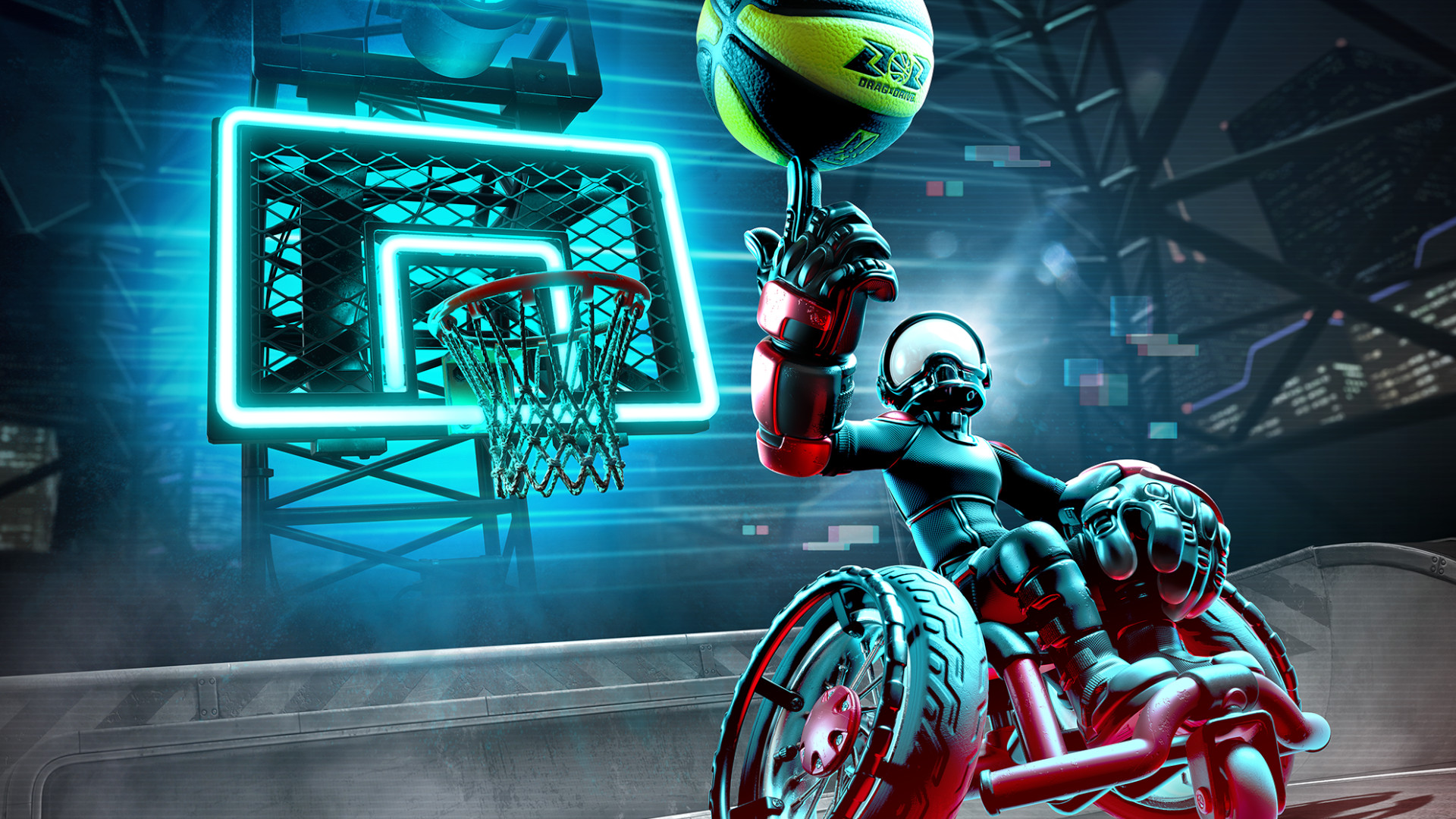 A header crop of the Drag X Drive key art, showing  a heavily padded character in a wheelchair spinning a basketball on their finger with a neon-lit basket in the background