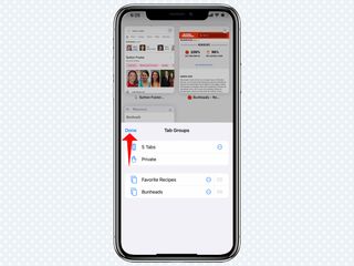 A red arrow points to Done in the Tab Groups menu in Safari in iOS 15