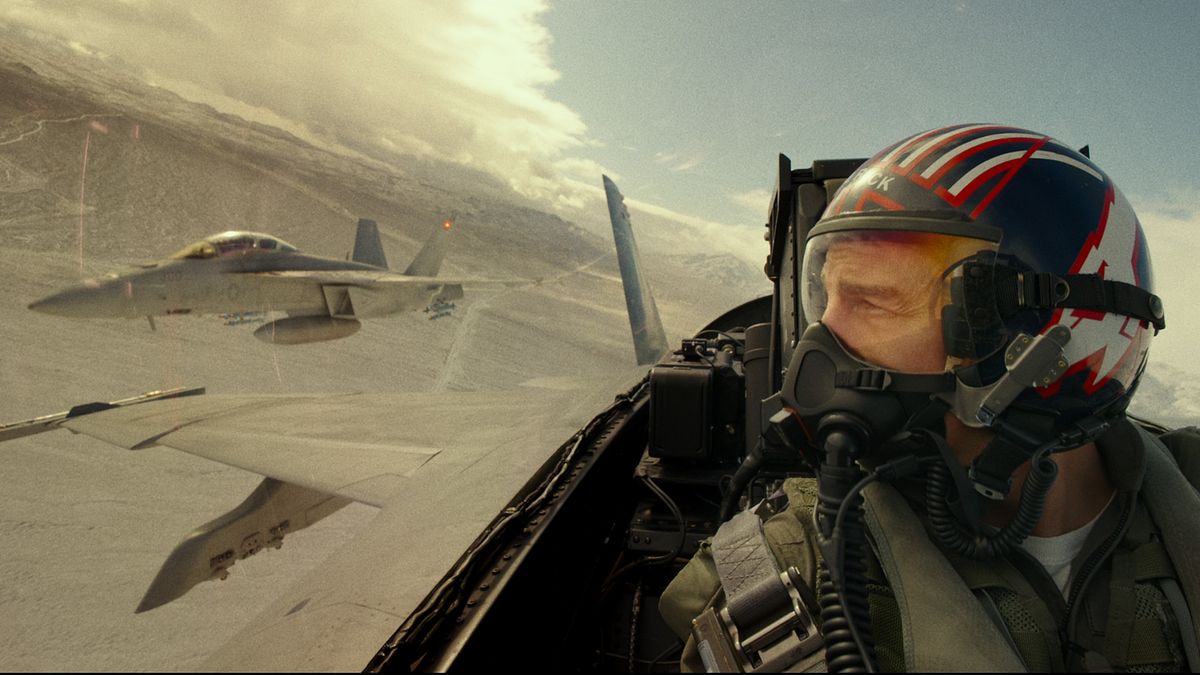 Tom Cruise in the cockpit of a fighter jet in Top Gun: Maverick