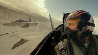 Tom Cruise in the cockpit of a fighter jet in Top Gun: Maverick