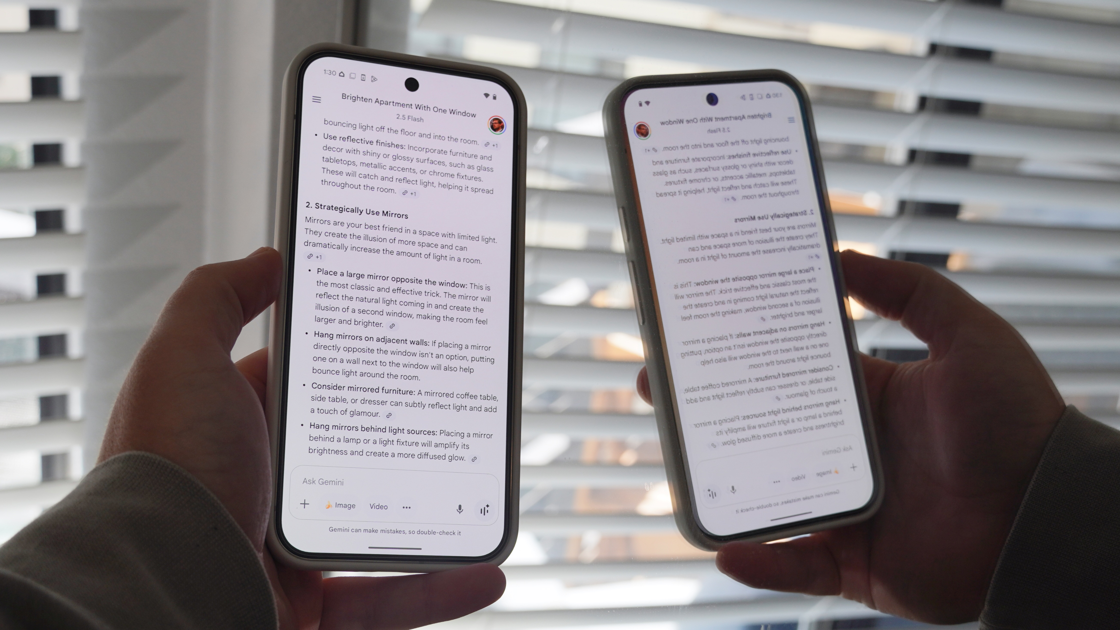 Gemini chats showing interior design tips on a Google Pixel 9 Pro XL.