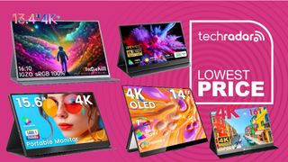 Five portable monitors on a pink radar background