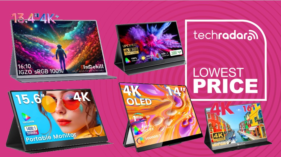 Five portable monitors on a pink radar background