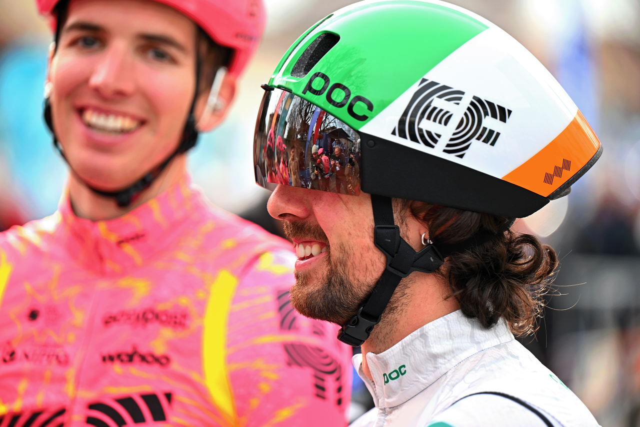 Ben Healy sporting one of EF Education-EasyPost's new aero road helmets