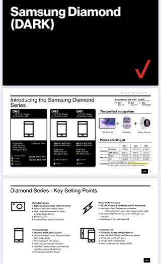 Image of a leaked sheet of specs for the upcoming Samsung Galaxy S23 series