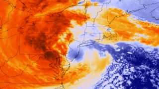 Post-Tropical Cyclone Sandy made landfall at 8pm ET on October 29, 2012 about 5 miles southwest of Atlantic City, NJ, as seen in this NOAA GOES-13 satellite colorized infrared image from the same time.