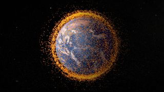 View of Earth from space completely surrounded by space debris.