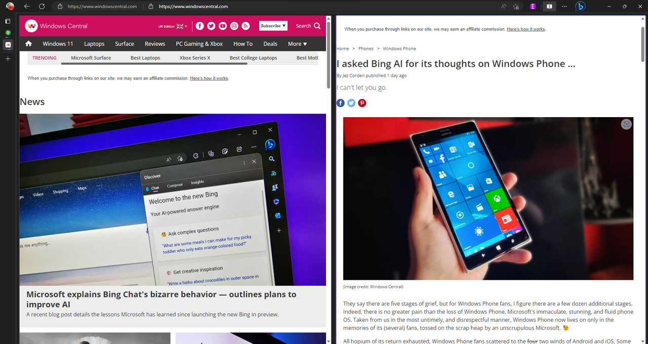 Microsoft Edge Split Screen view