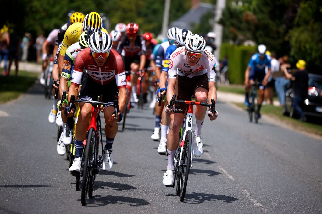 LE CREUSOT FRANCE JULY 02 Toms Skuji of Latvia and Team Trek Segafredo Dorian Godon of France and AG2R Citron Team in breakaway during the 108th Tour de France 2021 Stage 7 a 2491km km stage from Vierzon to Le Creusot 369m LeTour TDF2021 on July 02 2021 in Le Creusot France Photo by Chris GraythenGetty Images