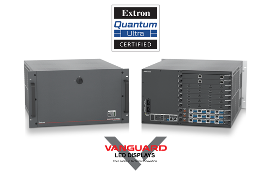 The Vanguard video wall processors alongside the Extron Quantum Ultra Certified logo.