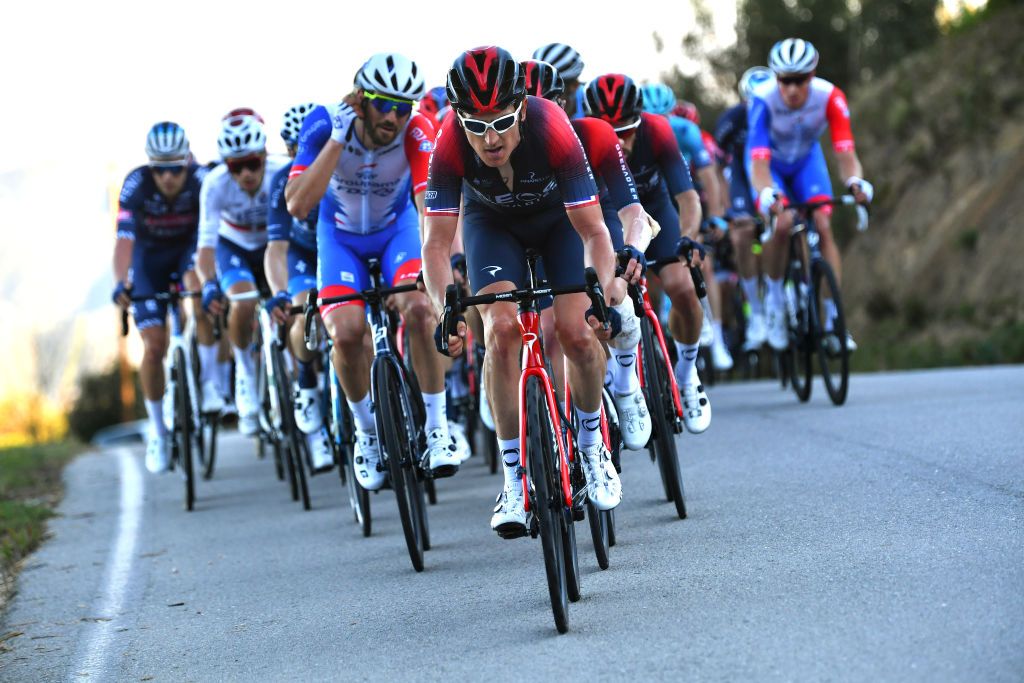 MONCHIQUE PORTUGAL FEBRUARY 17 Geraint Thomas of The United Kingdom and Team INEOS Grenadiers leads The Peloton during the 48th Volta Ao Algarve 2022 Stage 2 a 1824km stage from Albufeira to Alto Da Foia Monchique 890m VAlgarve2022 on February 17 2022 in Monchique Portugal Photo by Luc ClaessenGetty Images