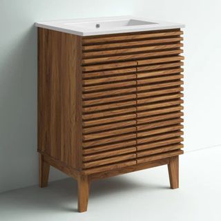 Wooden, slat design bathroom vanity with ceramic top