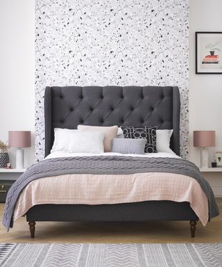 Teenage girl bedroom ideas: Terrazzo feature wall in pink and grey teen girl bedroom by Button and Sprung