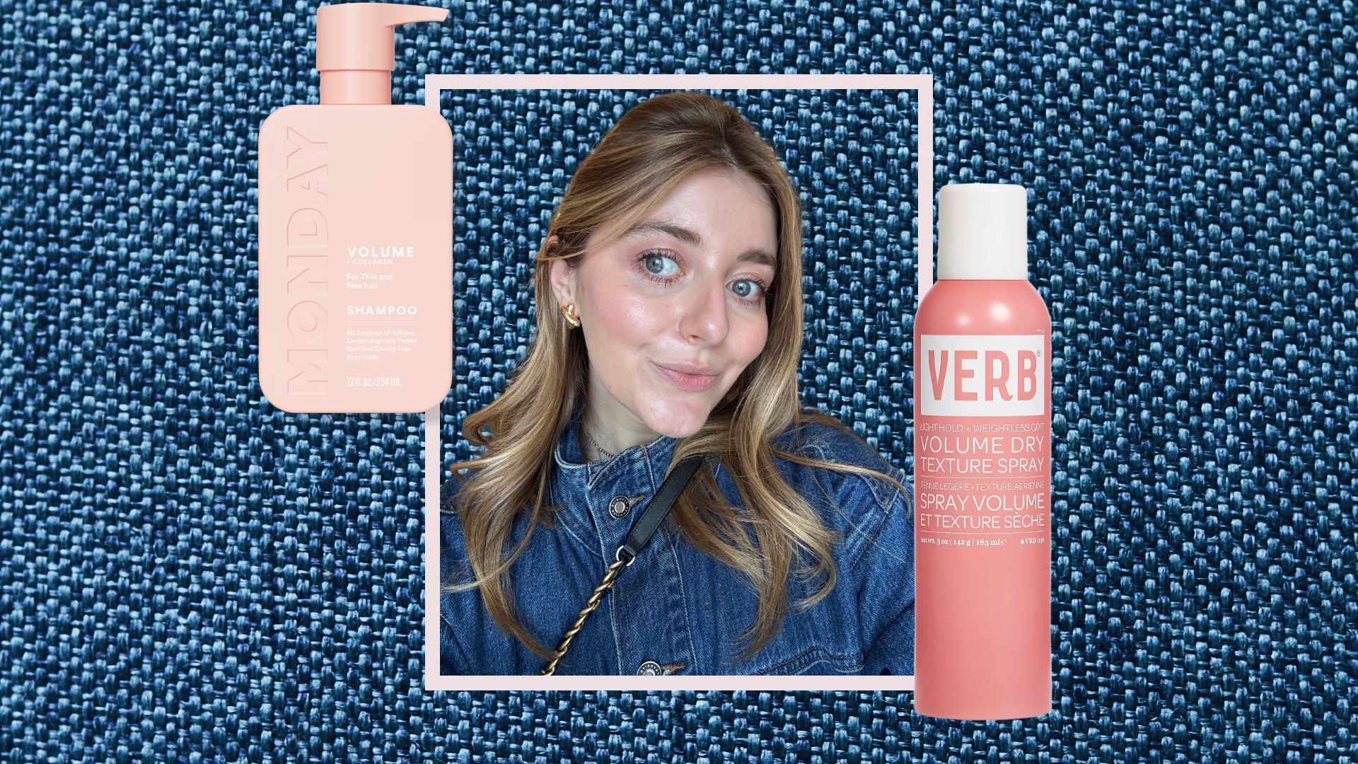 samantha holender on a denim background with drugstore volumizer