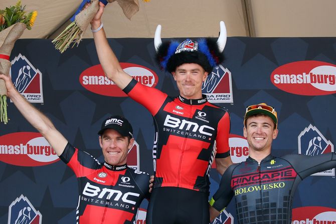 Stage 4 podium, winner Rohan Dennis (BMC) with teammate Brent Bookwalter second and Robbie Squire (Hincapie Racing) third