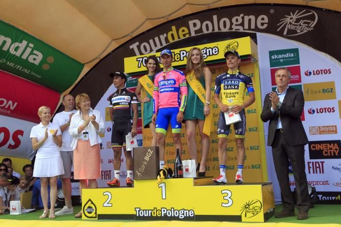 Podium for stage 1 at the Tour of Poland (L-R): Darwin Atapuma (Colombia), Diego Ulissi (Lampre-Merida) and Rafal Majka (Saxo-Tinkoff)