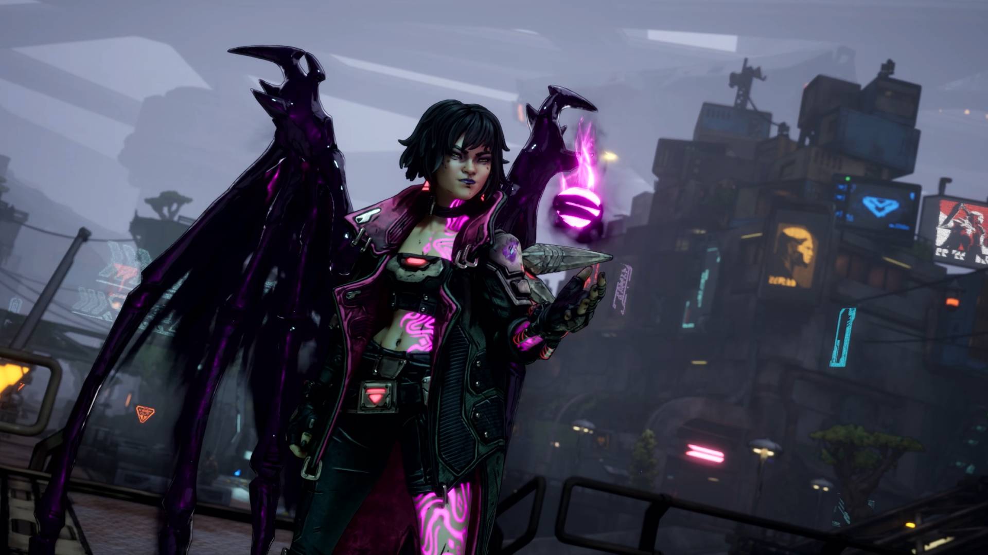 Borderlands 4 vault hunter character vex with black wings and purple eldritch blast