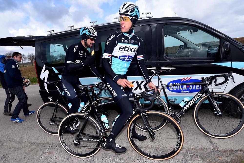 Boonen and Tersptra grab a snack during the training ride
