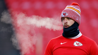 Harrison Butker #7 of the Kansas City Chiefs warms up before the AFC Wild Card Playoffs against the Miami Dolphins at GEHA Field at Arrowhead Stadium on January 13, 2024 in Kansas City, Missouri.