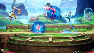 Tom, Steven Universe, Super Man, and Shaggy battle it out on a MultiVersus stage