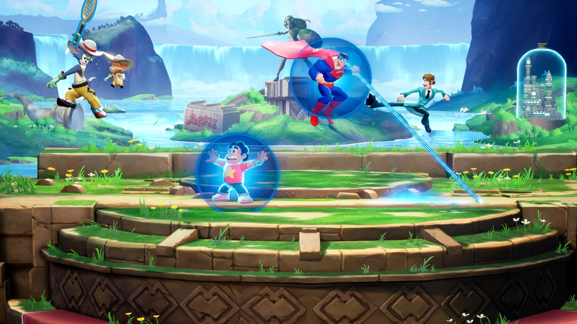 Tom, Steven Universe, Super Man et Shaggy s'affrontent sur une scène MultiVersus.