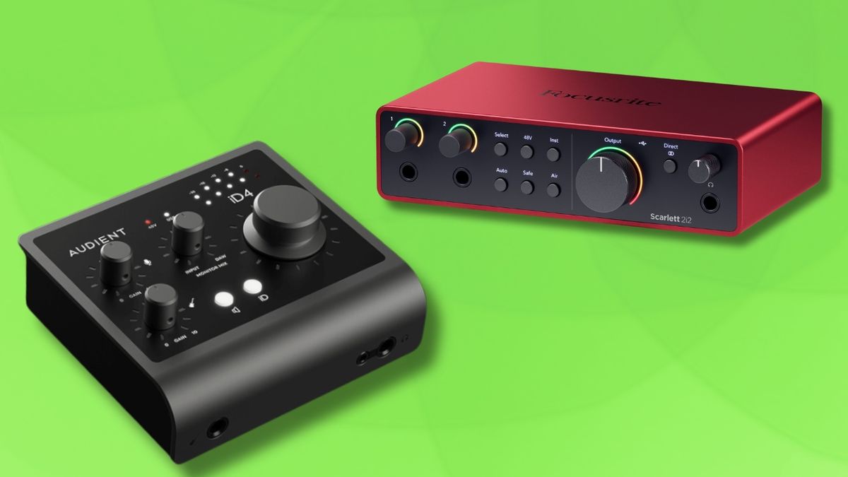 An Audient iD4 MkII and a Focusrite Scarlett 2i2 4th Gen on a green background