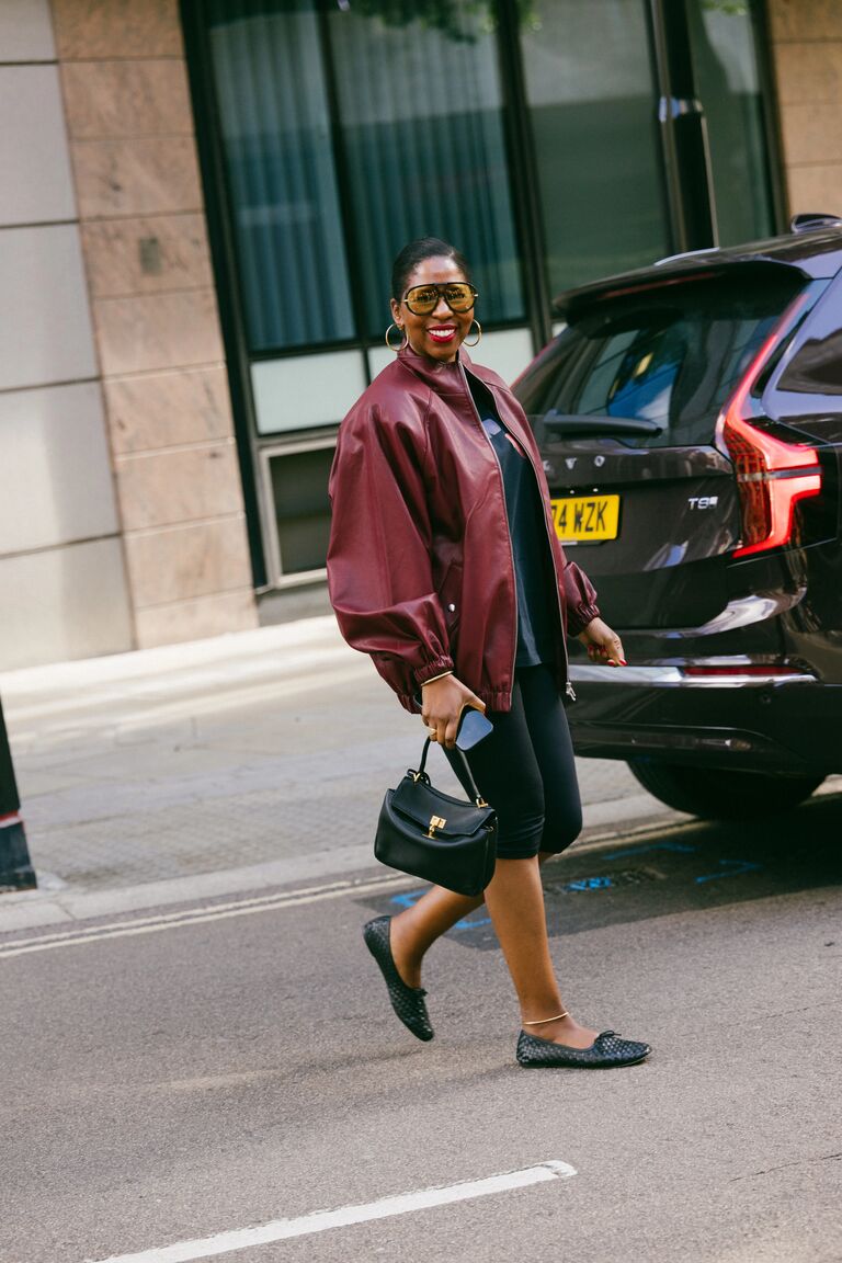 @sarahellentreacher shows a fashion week attendee in Bottega sunglasses