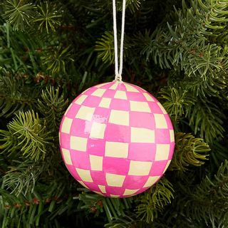 Pink and cream checked rounded christmas ornament