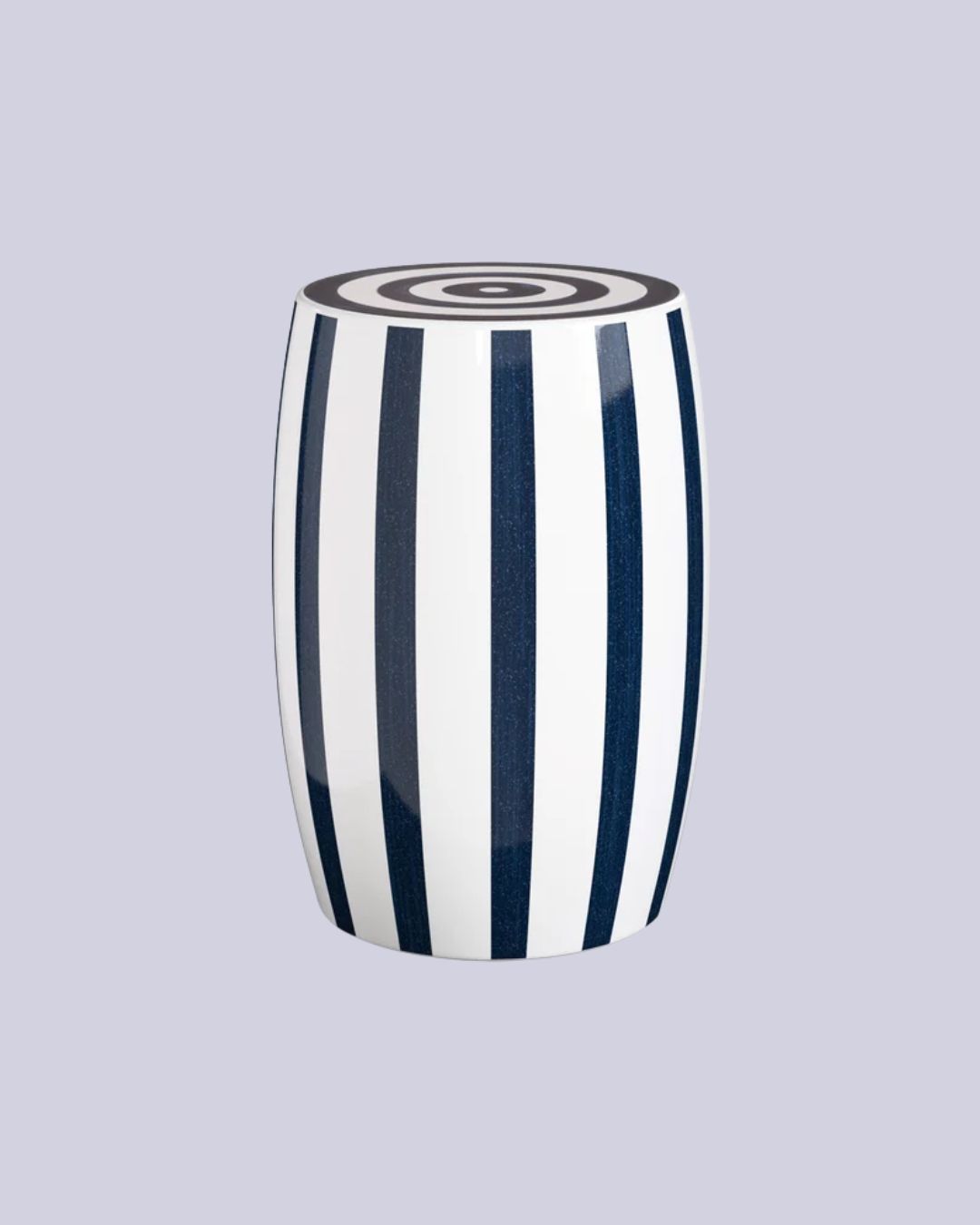 Rander Ceramic Stool in Sapphire &amp;amp; White against pale purple background.