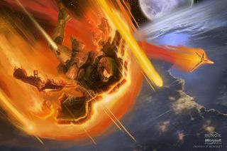 This concept art for Halo 3 depicts Master Chief falling to Earth after leaping from the Prophet of Truth's Forerunner Dreadnought.